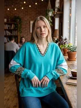 POL Oversized Teal Hoodie with White and Olive Floral Trim, Small